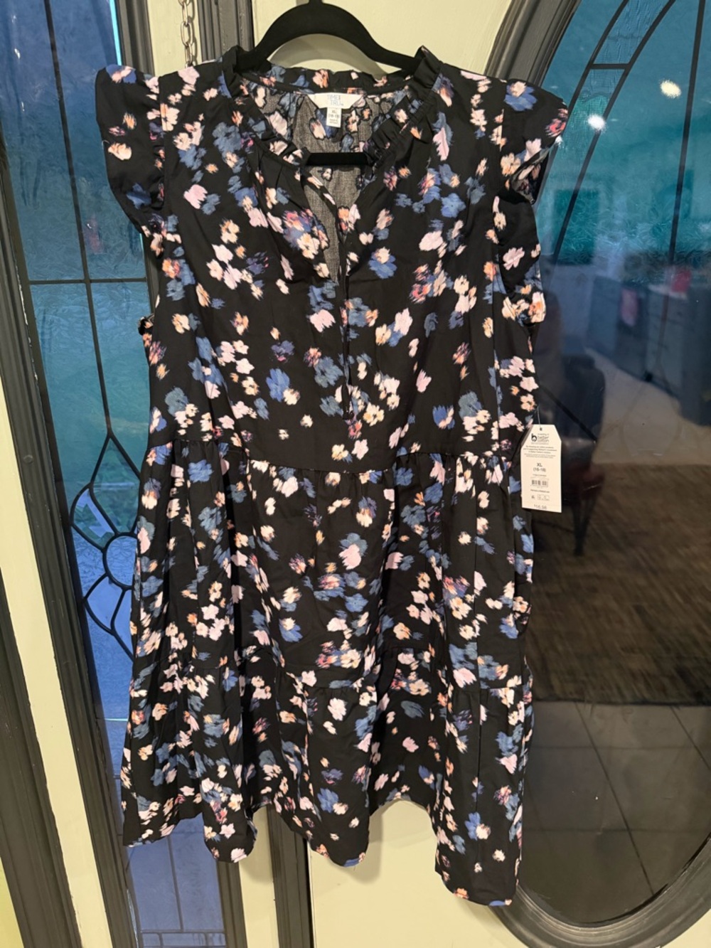 Time and Tru Black Dress with Blue and Pink Floral Print